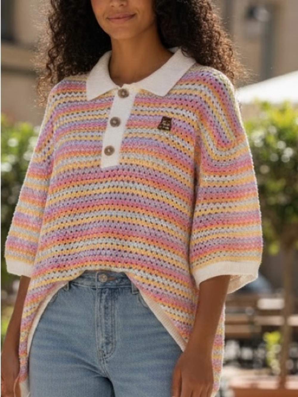 Striped Pastel Knit Polo Sweater shirt  with Button Placket